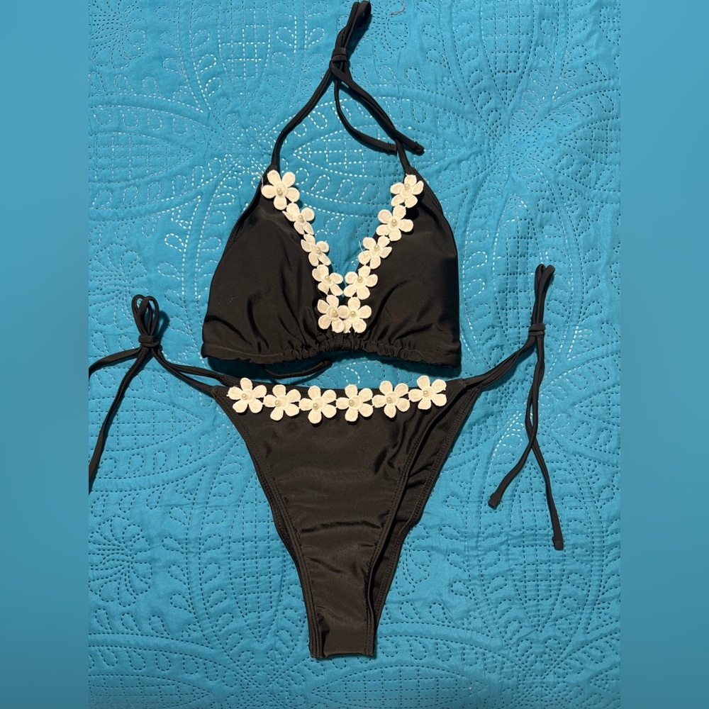 Black Bikini with White Floral Accents